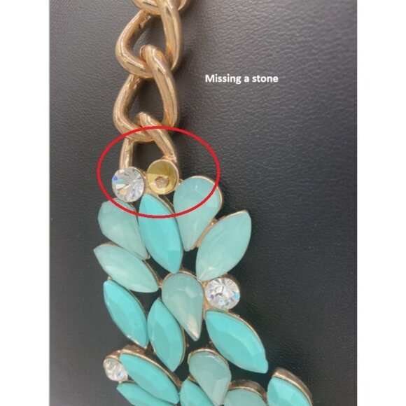 Gold Tone Chain Necklace With Turquoise & Clear Rhinestone Flower Pendant - Picture 2 of 5